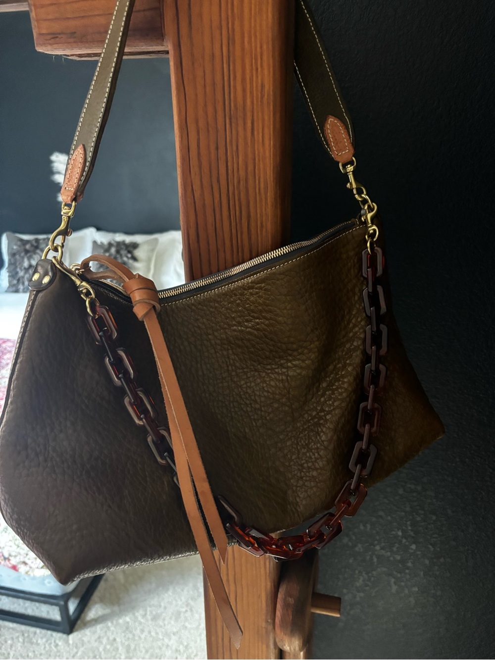 Olive Green Pebbled Leather Shoulder Bag with Tortoiseshell Chain Accent